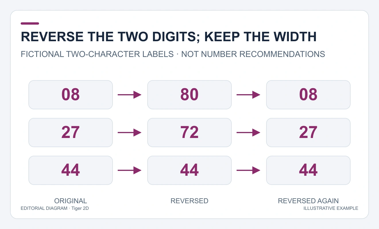 Three rows show 08 to 80 to 08, 27 to 72 to 27, and 44 remaining 44 after each reversal.
