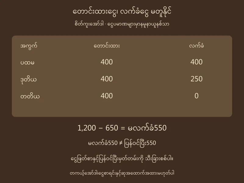 စိတ်ကူးထီအော်ဒါအကွက်သုံးခု400၊250၊0 လက်ခံငွေစု650 နှင့်မလက်ခံ550 ကိုခွဲပြထားပုံ