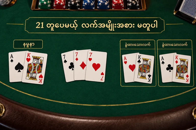 ကတ်နှစ်ချပ်၊ သုံးချပ်နှင့် ခွဲထားသောလက်၏ 21 ကို ပြသော ဘလက်ဂျက်စားပွဲ